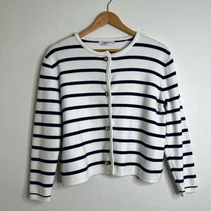 Latahuo Striped Cardigan Sweater White Navy Gold Buttons Cotton Blend Size M